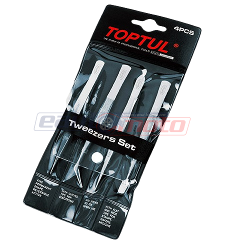 Set 4 pensete TOPTUL JGAA0401, 1 x drept varf, 1 x ascutit varf, 1 x 45 grade varf, 1 x plat varf, husa depozitare