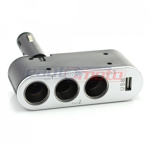 Priza tripla pentru bricheta auto + USB 1A