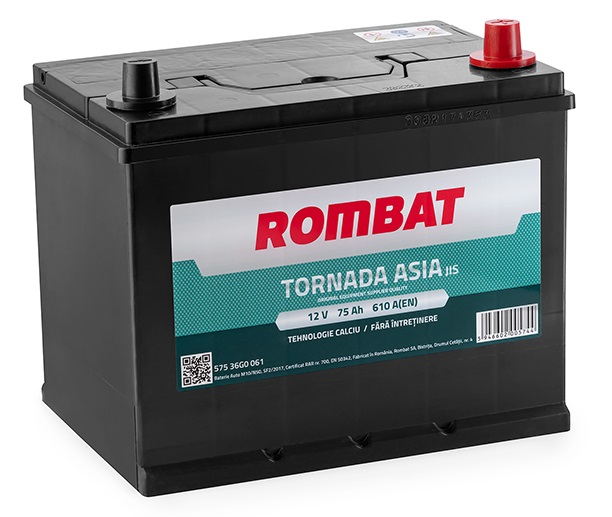 Baterie ROMBAT TORNADA ASIA auto 57536G0061, 75 Ah, 610 A, 12 V, 259 x 178 x 222 mm, borna dreapta plus