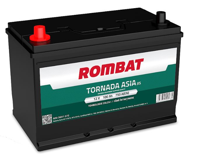 Baterie ROMBAT TORNADA ASIA 60036H1075, auto tensiune 12 V, amperaj 100 Ah, curent pornire 750 A