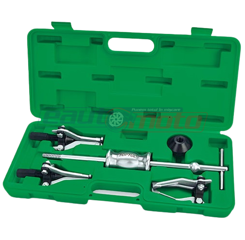 Trusa ciocan glisant TOPTUL JGAI0502, lungime 425 mm, cu capete cu 3 falci, destinată pentru extracția rulmenților și angrenajelor, formată din 5 piese, însoțită de o cutie pentru depozitare