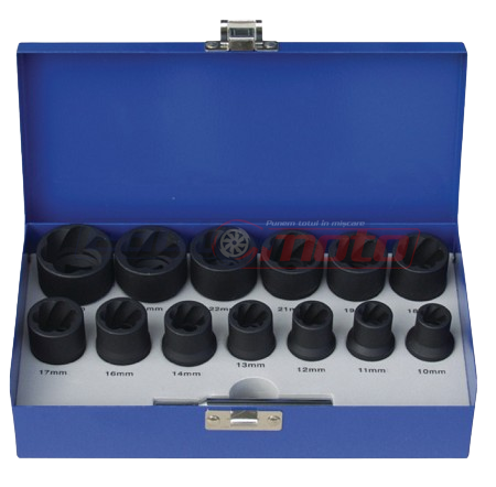 Trusa BERNER 53750, 14 chei tubulare de impact pentru extras șuruburi, deschidere chei 10-27 mm, crom molibden
