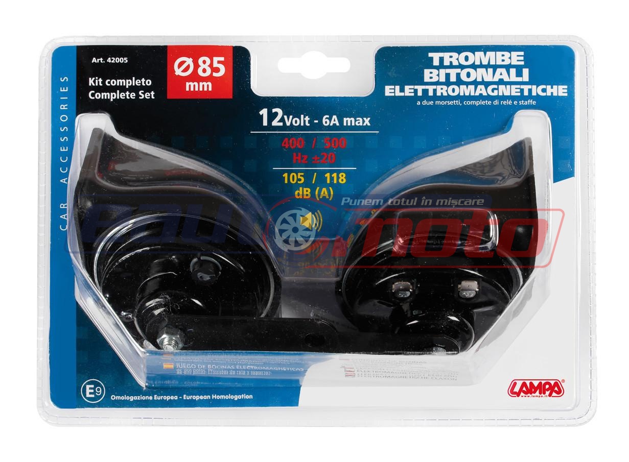 Set de 2 claxoane electromagnetice LAMPA LAM42005, diametru 85 mm, alimentare 12V, 6A, putere sonoră 105/118 dB, frecvență 400/500 Hz.