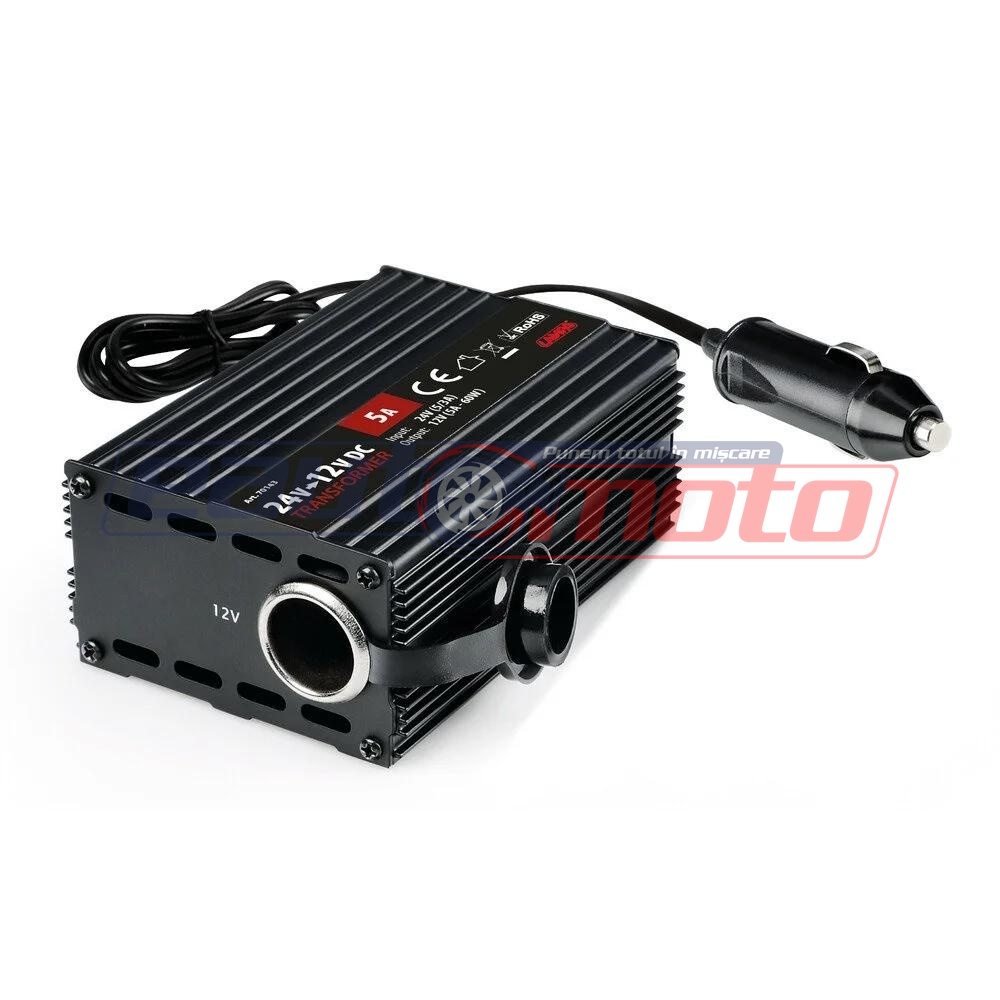 Convertor Auto LAMPA LAM70143, 24V la 12V, Cablu de 80 cm, Cu Stecher pentru Brichetă Auto și Priză