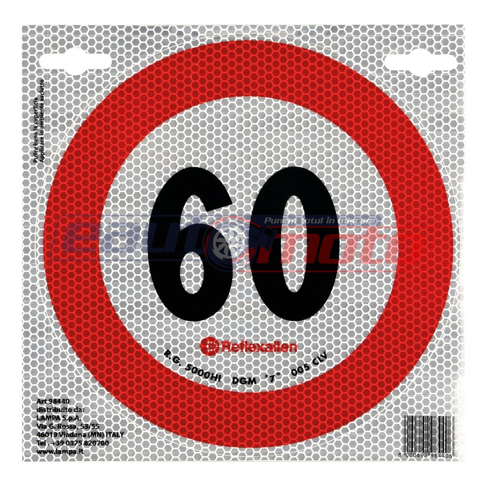 Autocolant Reflectorizant Limitator Viteză 60 km/h - LAMPA LAM98440, Conform Standardelor Europene Clasa 2, Diametru 20 cm