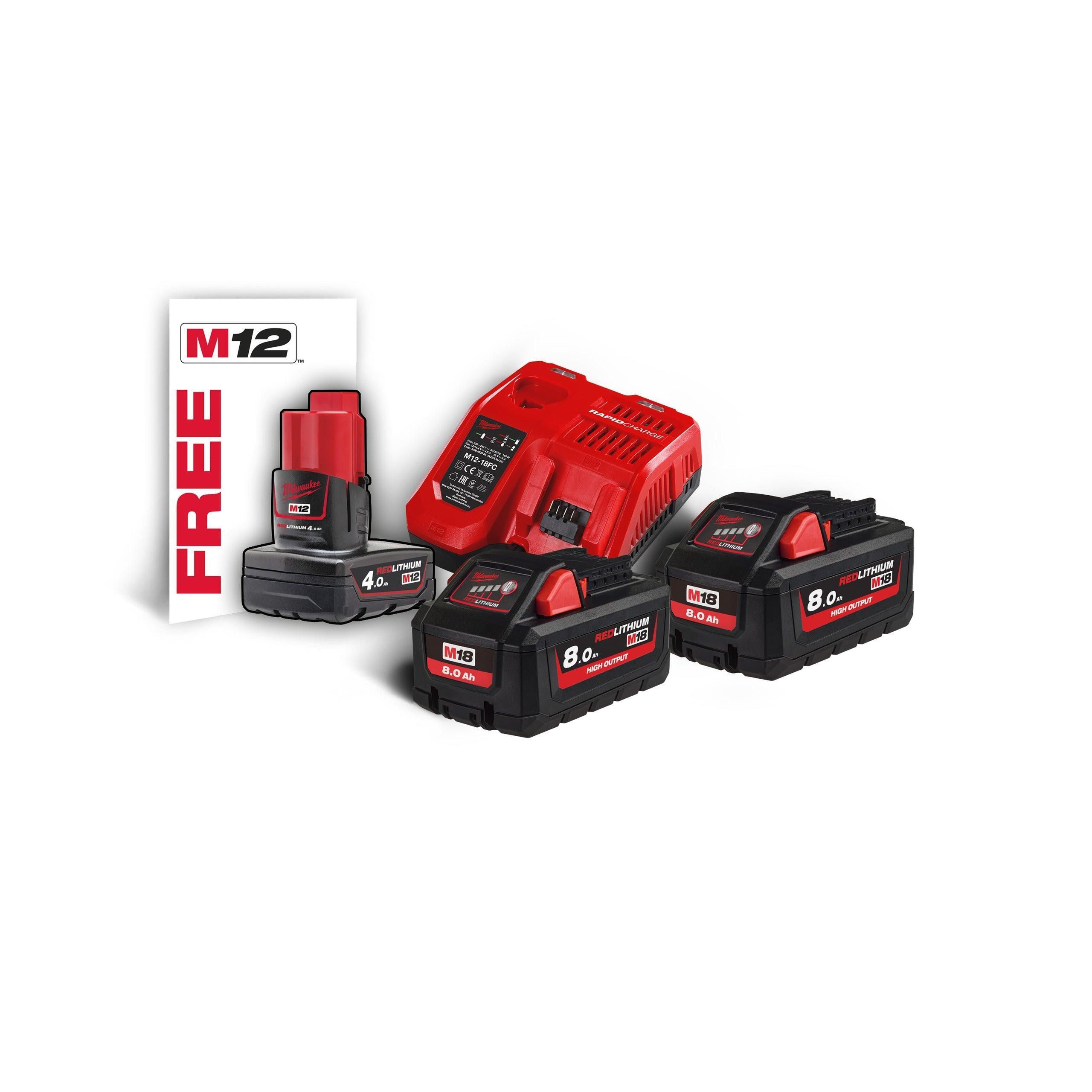 Set de acumulatori Milwaukee M18™ HIGH OUTPUT™ M18HNRG-802: include 2 acumulatori M18 HB8, 1 acumulator M12 B4 și un încărcător M12-18 FC, fără cutie, cod 4933471073