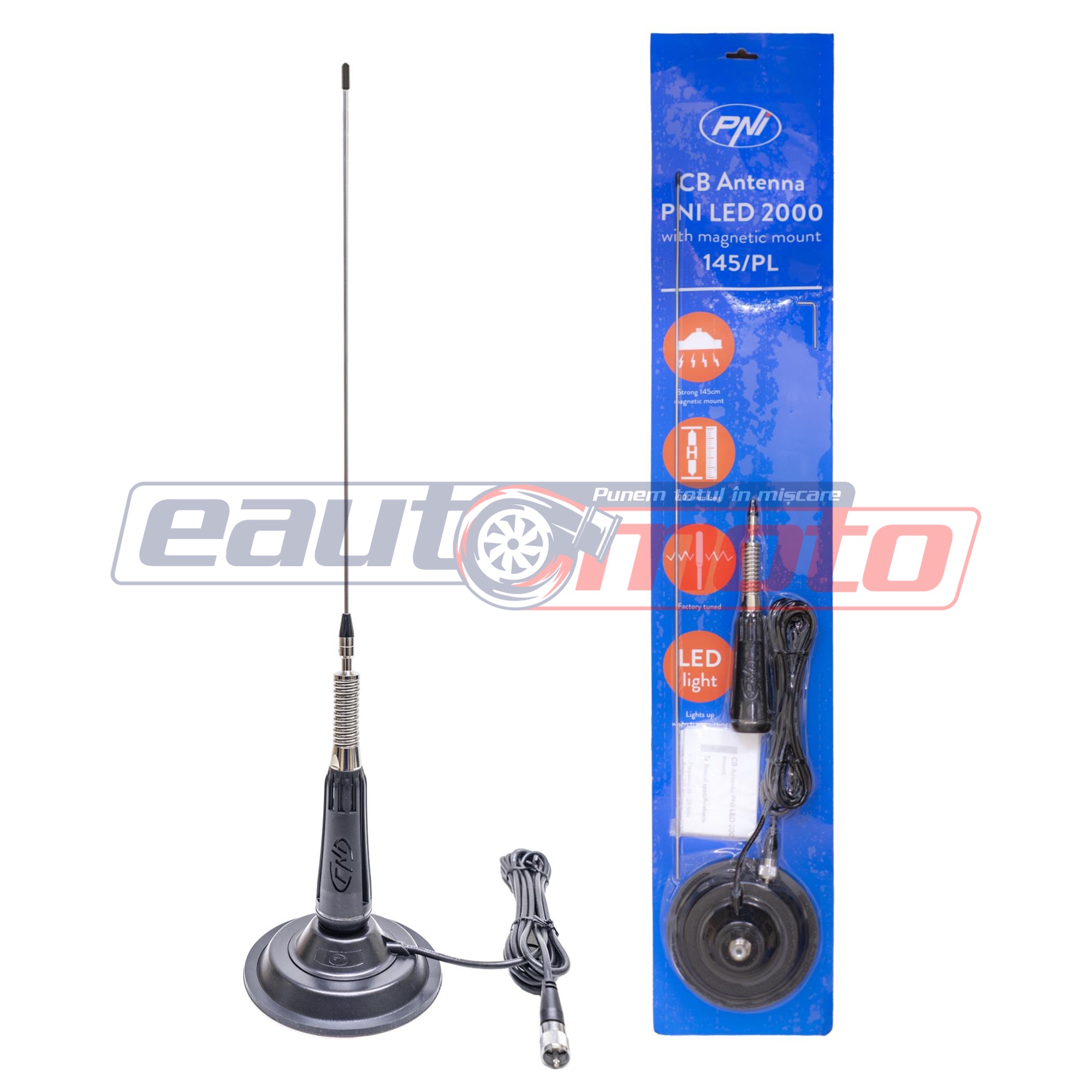 Antena CB PNI LED 2000, 90 cm, cu bază magnetică de 145 mm, frecvență 26-28 MHz, putere maximă 500 W