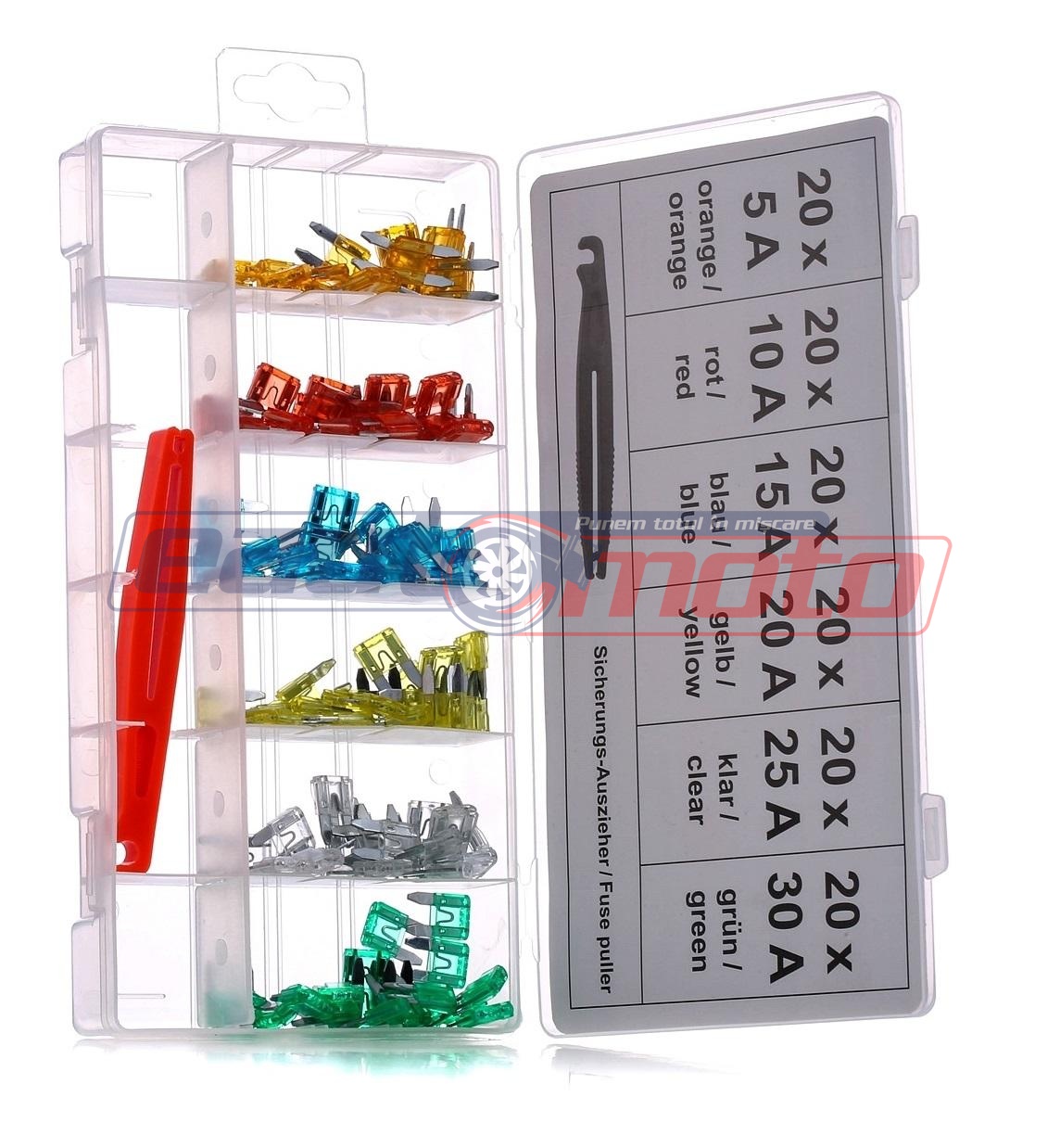 Set de 120 siguranțe fuzibile SW-Stahl SWS8115, 20 de fiecare: 5A, 10A, 15A, 20A, 25A, 30A, cu cutie de plastic