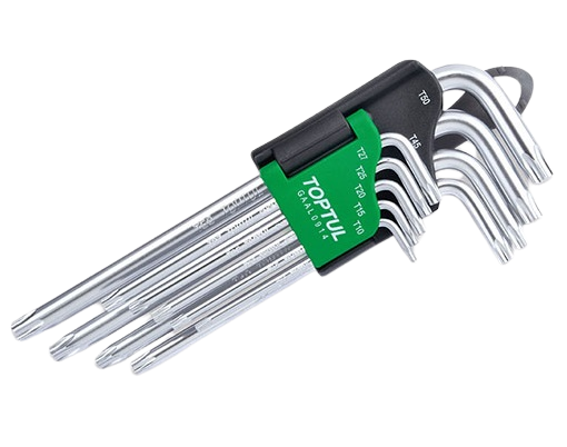 Set 9 chei inbus torx lungi TOPTUL GAAL0914, dimensiuni T10, T15, T20, T25, T27, T30, T40, T45, T50, crom vanadiu