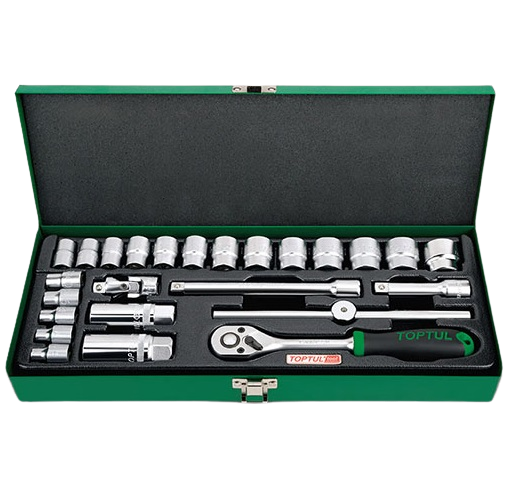 Trusa GCAD2502 25 chei tubulare TOPTUL, 3/8 inch, cu clichet 3/8 inch, deschidere chei 6-24 mm, bara extensie, bara antrenoare, articulație, cutie depozitare