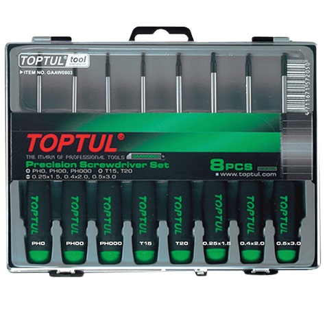 Set 8 surubelnite de precizie TOPTUL GAAW0803, maner aderent, T15x50, T20x50, PH0x50, PH00x50, PH000x50, 1.5x50, 2x50, 3x50