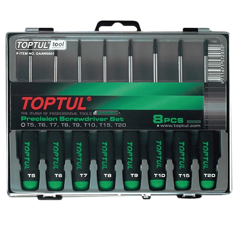 Set 8 surubelnite de precizie TOPTUL, model GAAW0801, T5x50, T6x50, T7x50, T8x50, T9x50, T10x50, T15x50, T20x50, maner aderent