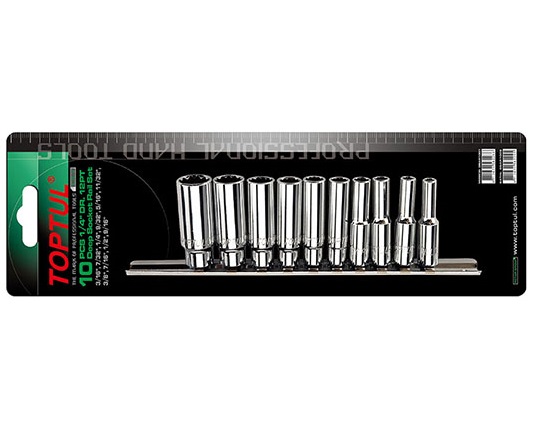 Set chei tubulare adanci 10 piese TOPTUL GBAR1001, prindere patrat 1/4 inch, profil bi-hexagonal, finisaj lucios