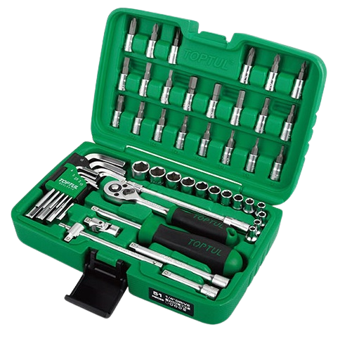 Trusa TOPTUL GCAI5102, 51 chei tubulare, prindere 1/4 inch, chei de 4-14 mm, antrenor clichet, prelungitor, bară forță, set inbus, cutie depozitare