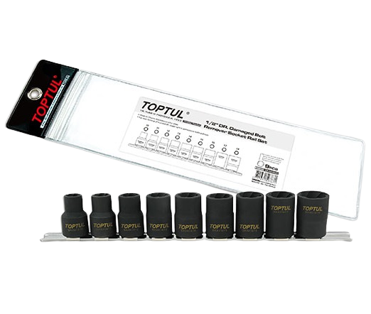 Set 9 chei TOPTUL GAAG0903 tubulare spiralate pentru extras suruburi, deschidere chei 10, 11, 12, 13, 14, 15, 16, 17, 19 mm, fosfatate
