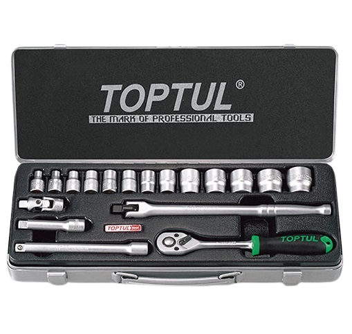 Trusa GCAD1805 cu 18 chei tubulare TOPTUL, 3/8 inch, cu clichet 3/4 inch, deschidere chei 6-24 mm, bara extensie, bara antrenoare, articulație