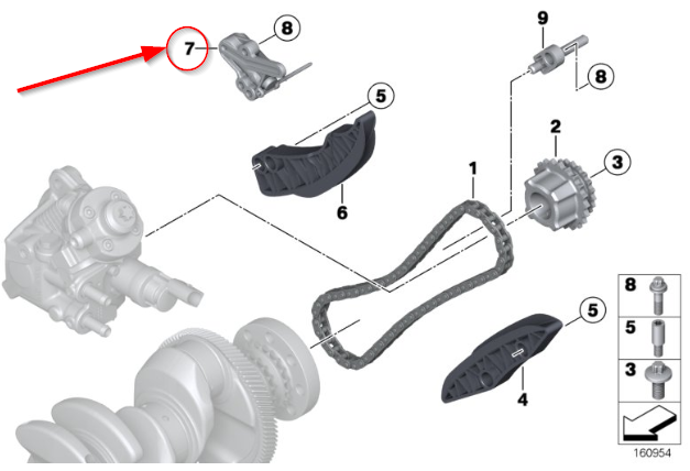 Intinzator inferior lant distributie pentru Bmw Seria 1, Seria 2, Seria 3, Seria 4, Seria 5, X1, X2, X3, X5