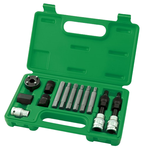 Kit piese demontare fulii alternator 13 TOPTUL JGAI1301, antrenor patrat 1/2 inch, cutie depozitare pentru Fiat, BMW, Mercedes, Renault, Ford...