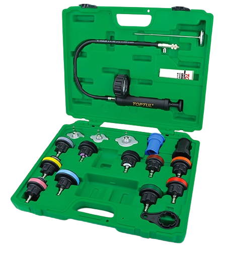 Kit TOPTUL JGAI1802 testare presiune sistem racire, indicator 0 - 2.5 bar, 13 adaptoare, 2 conectori, cutie depozitare pentru Jaguar, BMW, Fiat, Peugeot, Porsche...