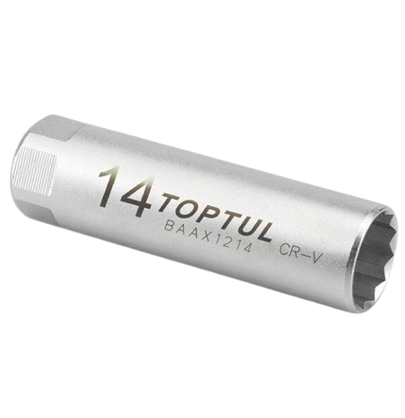 Cheie tubulară TOPTUL BAAX1214 pentru bujii, cu arc lamelar, antrenor patrat 3/8 inch, deschidere cheie 14 mm, lungime 63 mm, crom vanadiu
