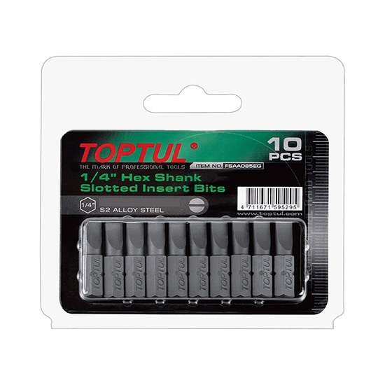 Set 10 biti pentru insurubare TOPTUL FSAA0803G, prindere hexagonala 1/4 inch, profil drept 0.5x3 mm, 25 mm lungime, finisaj fosfatat