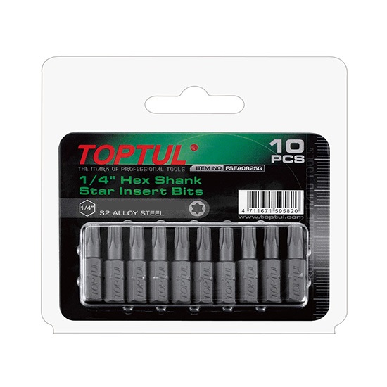 Set 10 biti pentru insurubare TOPTUL FSEA0809G, prindere hexagonala 1/4 inch, profil torx T9, lungime 25 mm, finisare fosfatata