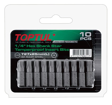 Set 10 biti pentru insurubare TOPTUL FSGA0830G, profil torx T30, prindere hexagonala 1/4 inch, lungime 25 mm