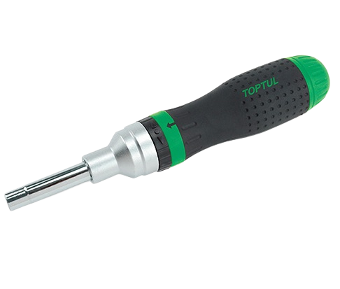 Șurubelniță TOPTUL FTED1421 cu clichet reversibil, prindere hex 1/4, 5/16, 7/16 inch, lungime activă 50 mm, lungime totală 207 mm, cu spațiu de depozitare