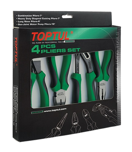 Set 4 clești TOPTUL GAAE0402: 1 x clește combinat, 1 x clește cu vârf lung, 1 x clește cu tăiere diagonală, 1 x clește pentru țevi apă