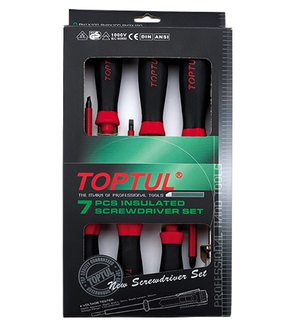 Set 7 surubelnite izolate TOPTUL: GAAE0704, profil drept 4x100, 5.5x125, 6.5x150 mm, profil phillips PH1x100, PH2x100, PH3x150, creion testare