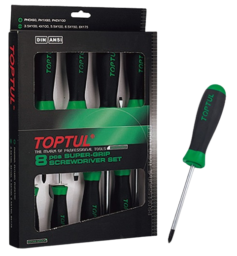 Set 8 surubelnite TOPTUL GAAE0807, profil plat 3.5x100, 4x100, 5.5x100, 6.5x150, 8x175 mm, profil phillips PH0x60, PH1x80, PH2x100, maner aderent