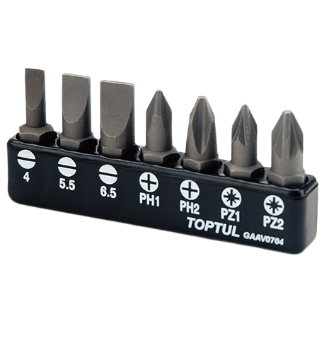 Set 7 biti insurubare TOPTUL GAAV0704, prindere hexagonala 1/4 inch, tipuri PH1, PH2, PZ1, PZ2, dimensiuni 0.5x4, 1.0x5.5, 1.2x6.5 mm
