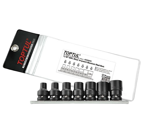 Set chei tubulare de impact 7 piese TOPTUL GDAG0701, antrenor pătrat 1/2 inch, profil torx, deschidere E10-E24, finisaj fosfatat