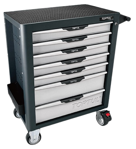 Dulap echipat pentru scule cu 7 sertare TOPTUL GV27909, cu roti pentru deplasare, negru/gri, 279 piese