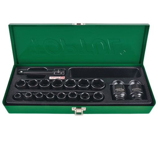 Trusa chei tubulare de impact 18 piese TOPTUL GCAD1807, patrat 1/2 inch, deschidere cheie 10-32 mm, bara extensie 127 mm, cutie depozitare