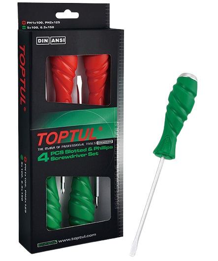 Set 4 surubelnite TOPTUL, GAAE0405, profil plat 5x100, 6.5x150 mm, phillips PH1x100, PH2x125 mm, maner aderent