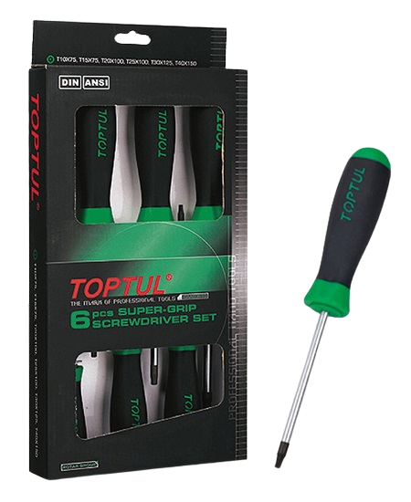 Set 6 surubelnite torx, TOPTUL GAAE0610, dimensiuni T10x75, T15x75, T20x100, T25x100, T30x125, T40x150 mm, manere aderente