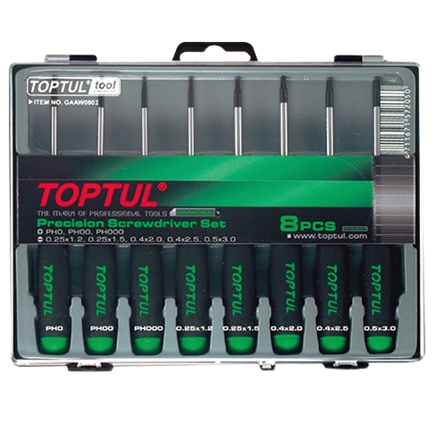 Set 8 surubelnite de precizie TOPTUL GAAW0802, maner aderent, PH0x50, PH00x50, PH000x50, 1.2x50, 1.5x50, 2x50, 2.5x50, 3x50