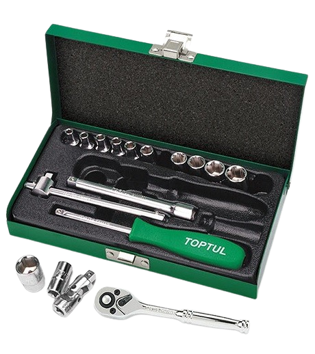 Trusa TOPTUL GCAD1701, 17 piese chei tubulare, prindere patrat 1/4 inch, deschidere chei 4-13 mm, finisaj lucios, cutie metalica