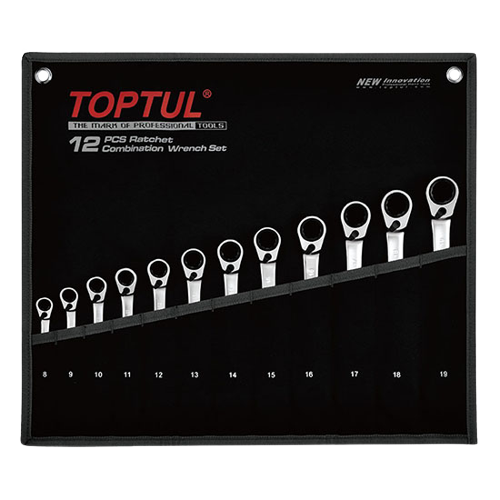 Set chei combinate cu clichet reversibil TOPTUL GPAQ1203, deschidere 8, 9, 10, 11, 12, 13, 14, 15, 16, 17, 18, 19 mm, husa depozitare