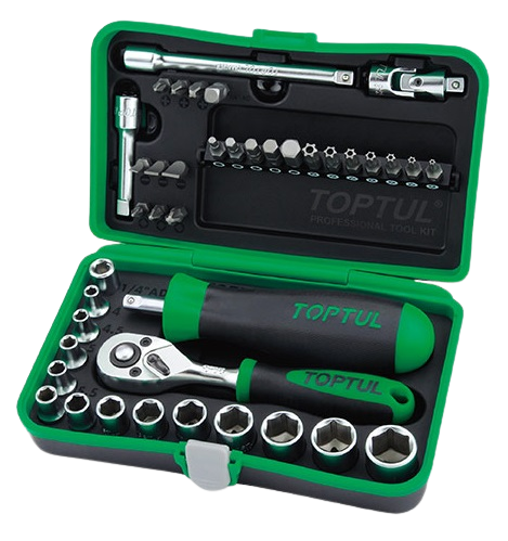 Trusa TOPTUL GADW4101, chei antrenor patrat 1/4 inch, clichet, 2 x extensii, articulație, 12 x chei tubulare, 21 x biți înșurubare, 41 piese
