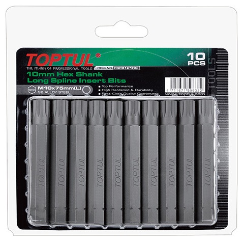 Set de 10 biți lungi pentru înșurubare TOPTUL FSFB1205G, profil bi-hexagonal M5, lungime 75 mm