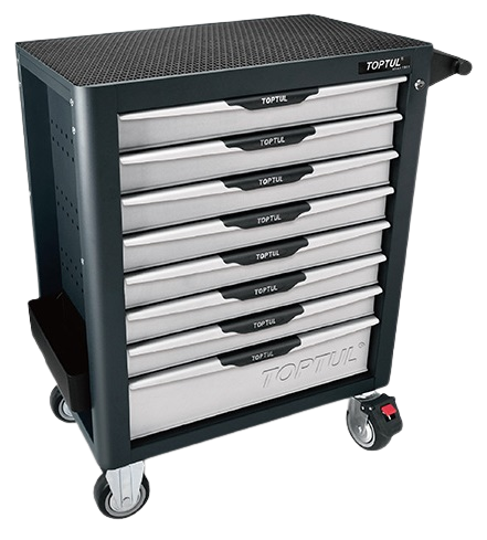 Dulap TOPTUL GE32203, mobil pentru scule cu 8 sertare, cu roți pentru deplasare, negru/gri, echipat cu 322 piese