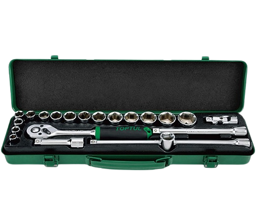 Trusa chei tubulare 21 TOPTUL GCAD2102, 3/8 inch, cu clichet 3/8 inch, deschidere chei 8-24 mm, adaptor 1/2 inch - 3/8 inch, articulație, cutie depozitare
