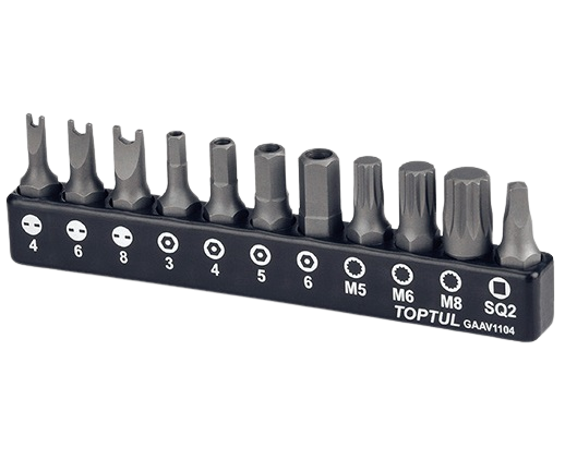 Set 11 biti insurubare TOPTUL GAAV1104, prindere hexagonala 1/4 inch, SQ2, M5, M6, M8, 3 mm, 8 mm