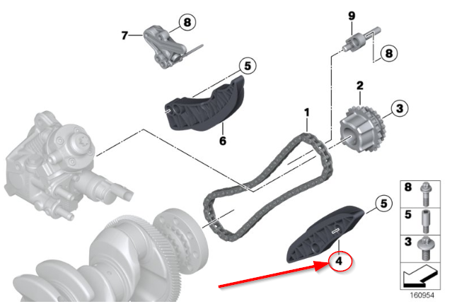 Patina stg lanț distribuție inferior pentru BMW Seria 1, Seria 2, Seria 3, Seria 4, Seria 5, X1, X2, X3, X5