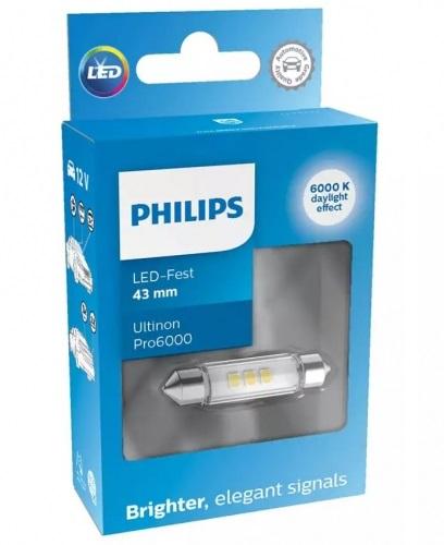 Bec LED Philips Ultinon Pro6000 pentru Semnalizare și Lumină Interioară, 12V, SV8,5, Festoon 43mm (Model 11866CU60X1)