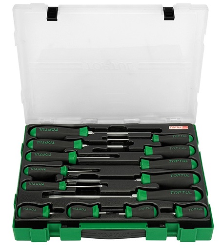 Set 14 surubelnite TOPTUL GZC1401, profil drept, phillips, mâner aderent, cutie de depozitare