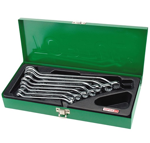 Set 8 chei inelare duble TOPTUL, cot 45 grade, deschidere chei 6x7 mm, 8x9 mm, 10x11 mm, 12x13 mm, 14x15 mm, 16x17 mm, 18x19 mm, 20x22 mm, satinat, cutie metalică