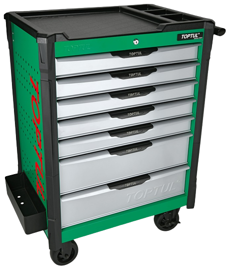 Dulap TOPTUL GE21322 mobil pentru scule cu 7 sertare, cu roți pentru deplasare, negru/verde/gri, echipat cu 213 piese